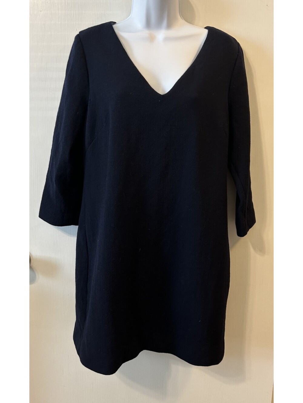 J. Crew Womens 100% Wool V Neck Sheath Dress 3/4 sleeve Size 10 Navy Blue Office